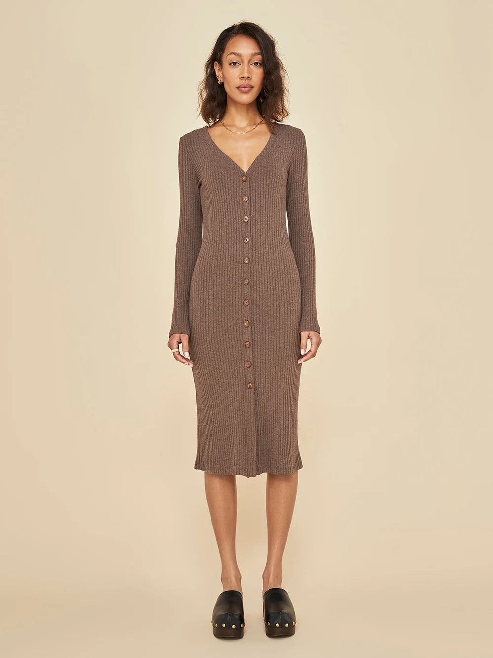 ONA Long Sleeve Button Down Cardigan Rib Midi Dress in Caramel, size S